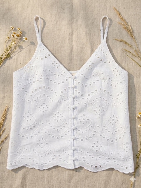 Japna Tops - Boho Eyelet Lace Button-Down Cami Crop Top – White